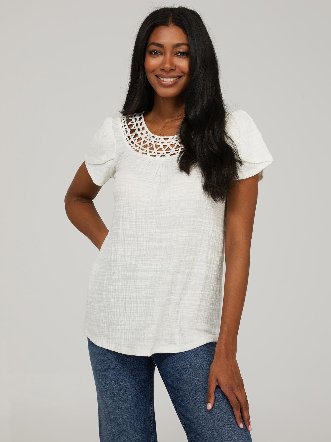 Short Sleeve Crinkle Top With Crochet Neckline sold by Suzy Shier