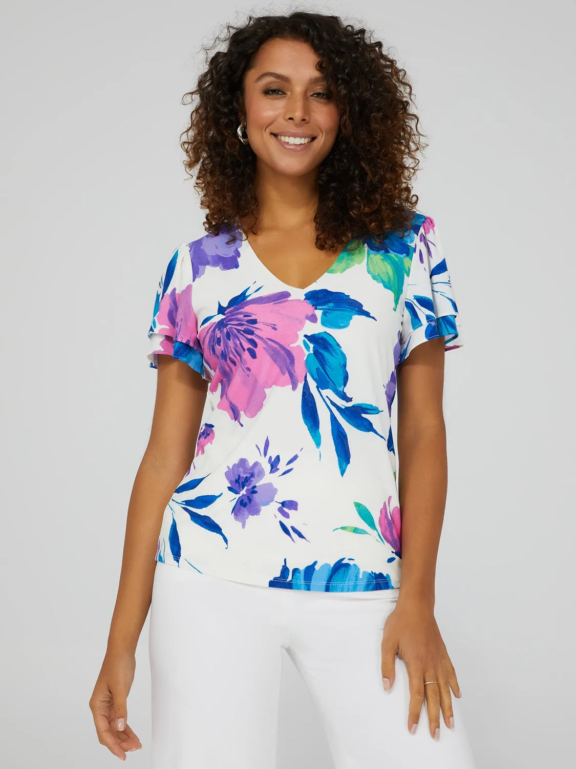 Floral Print Double Ruffle Sleeve V-Neck Top sold by Suzy Shier