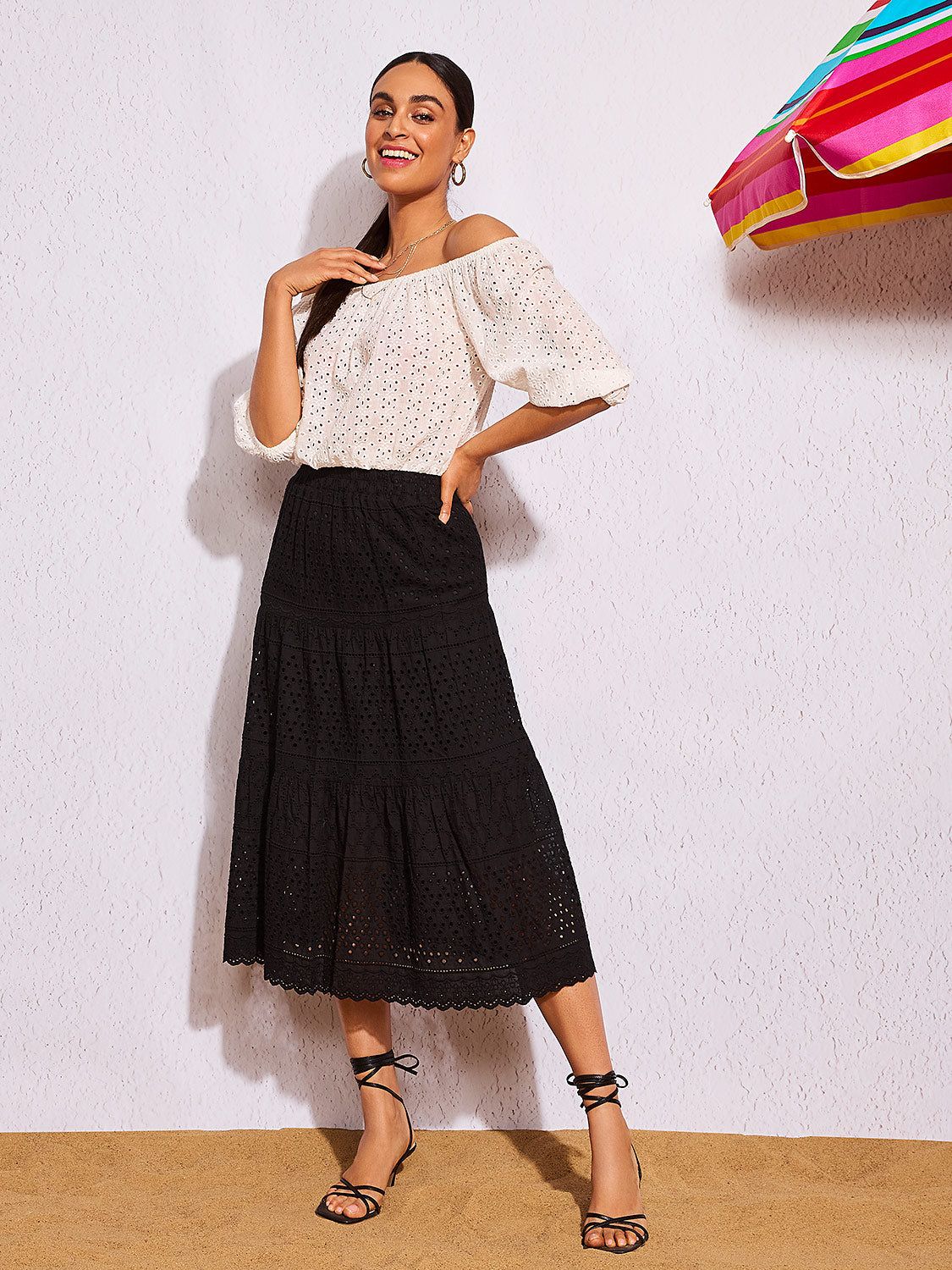 Eyelet Tiered Midi Skirt sold by Suzy Shier