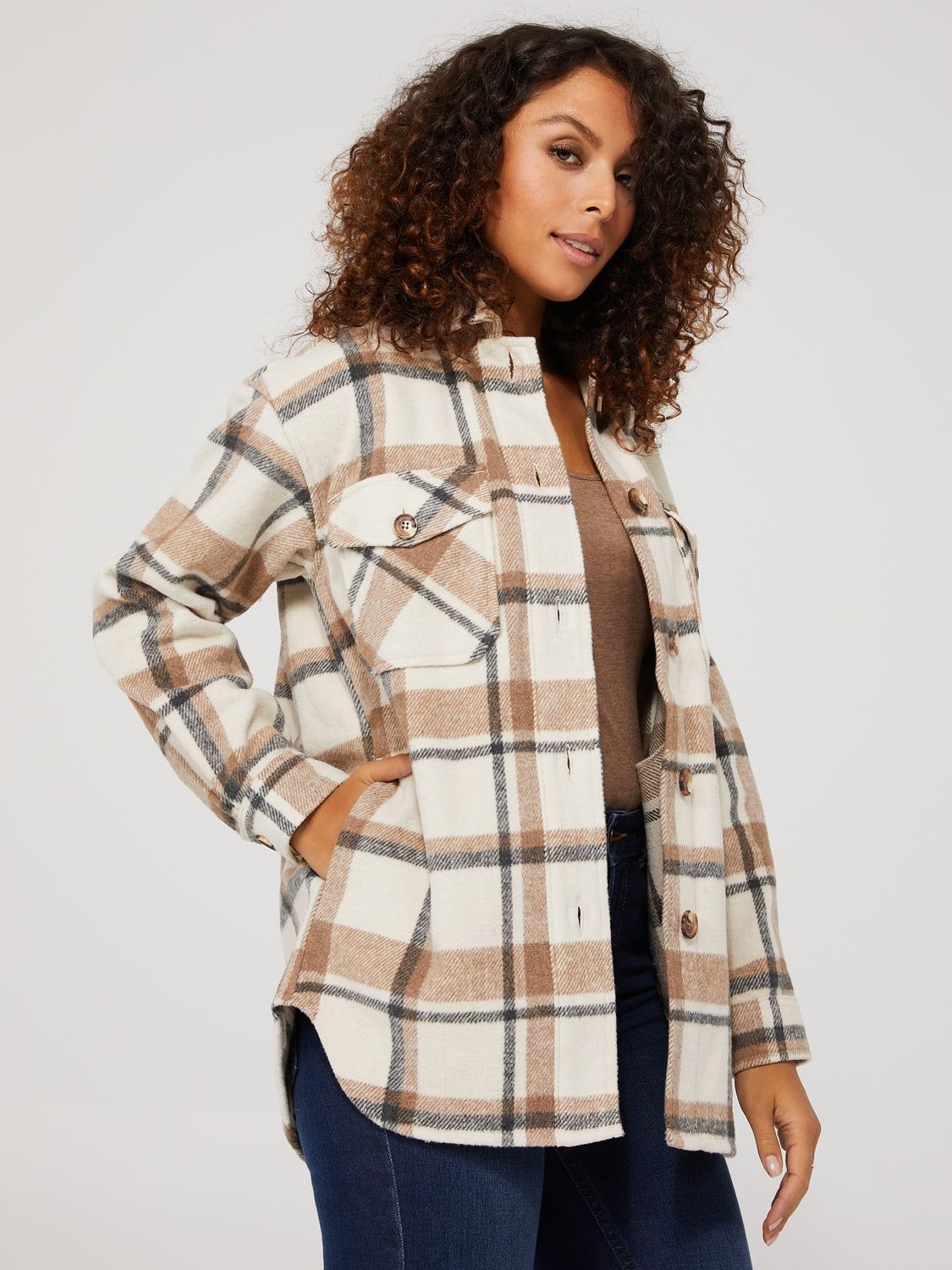 Short Plaid Shacket With Flap Pockets sold by Suzy Shier product image thumbnail 4