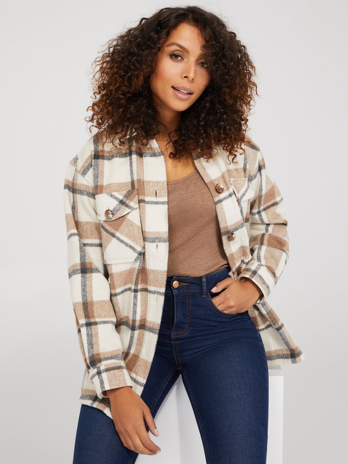 Short Plaid Shacket With Flap Pockets sold by Suzy Shier