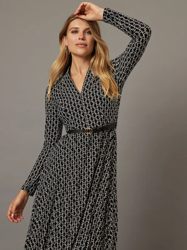 Geo Print Belted Midi Dress With Pleated Skirt sold by Suzy Shier