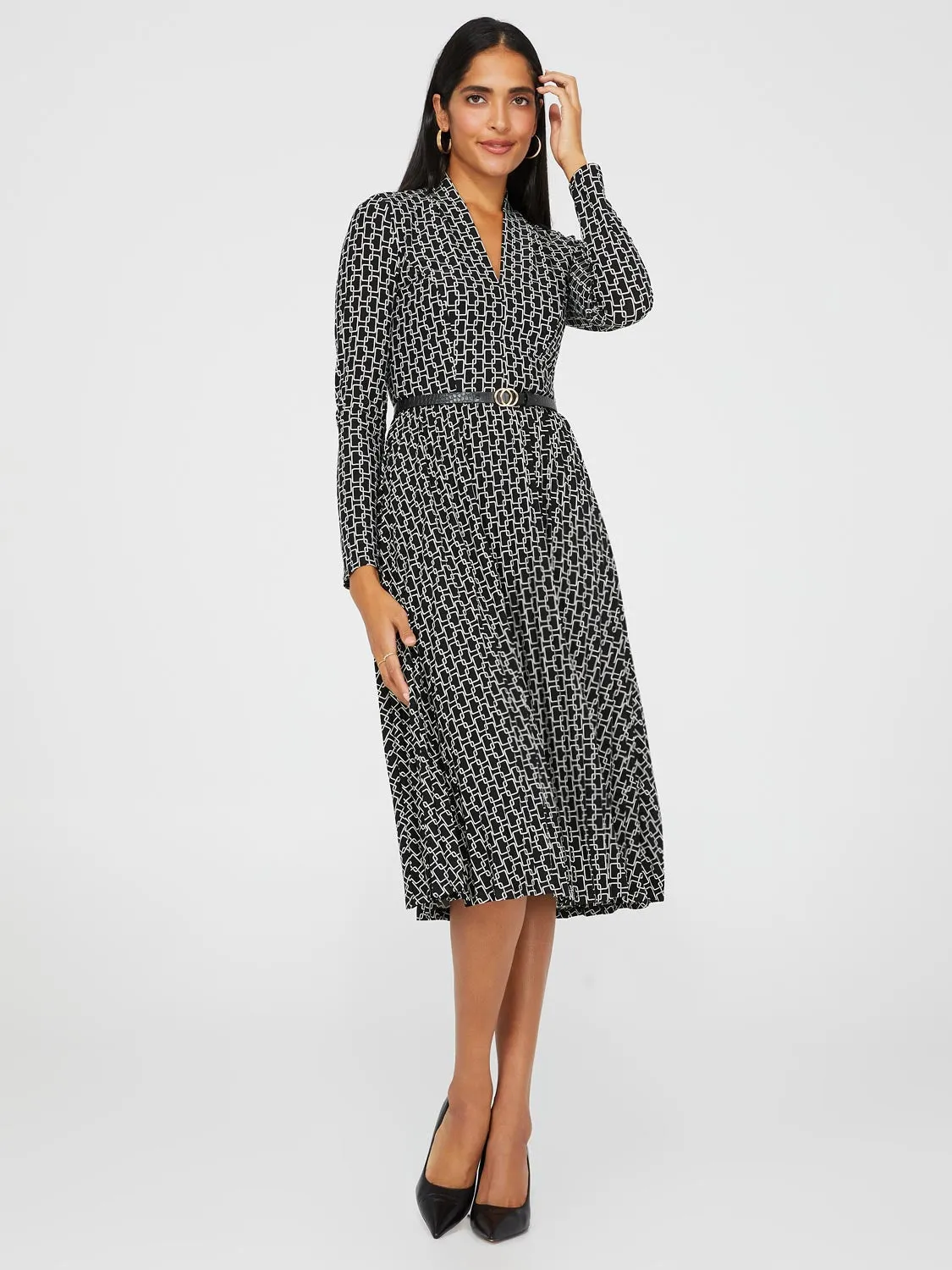 Geo Print Belted Midi Dress With Pleated Skirt sold by Suzy Shier product image thumbnail 4