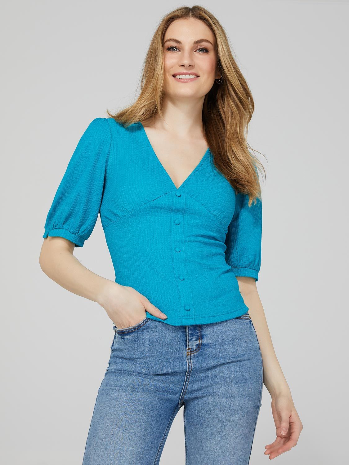 V-Neck Button-Front Top With Puff Sleeves sold by Suzy Shier