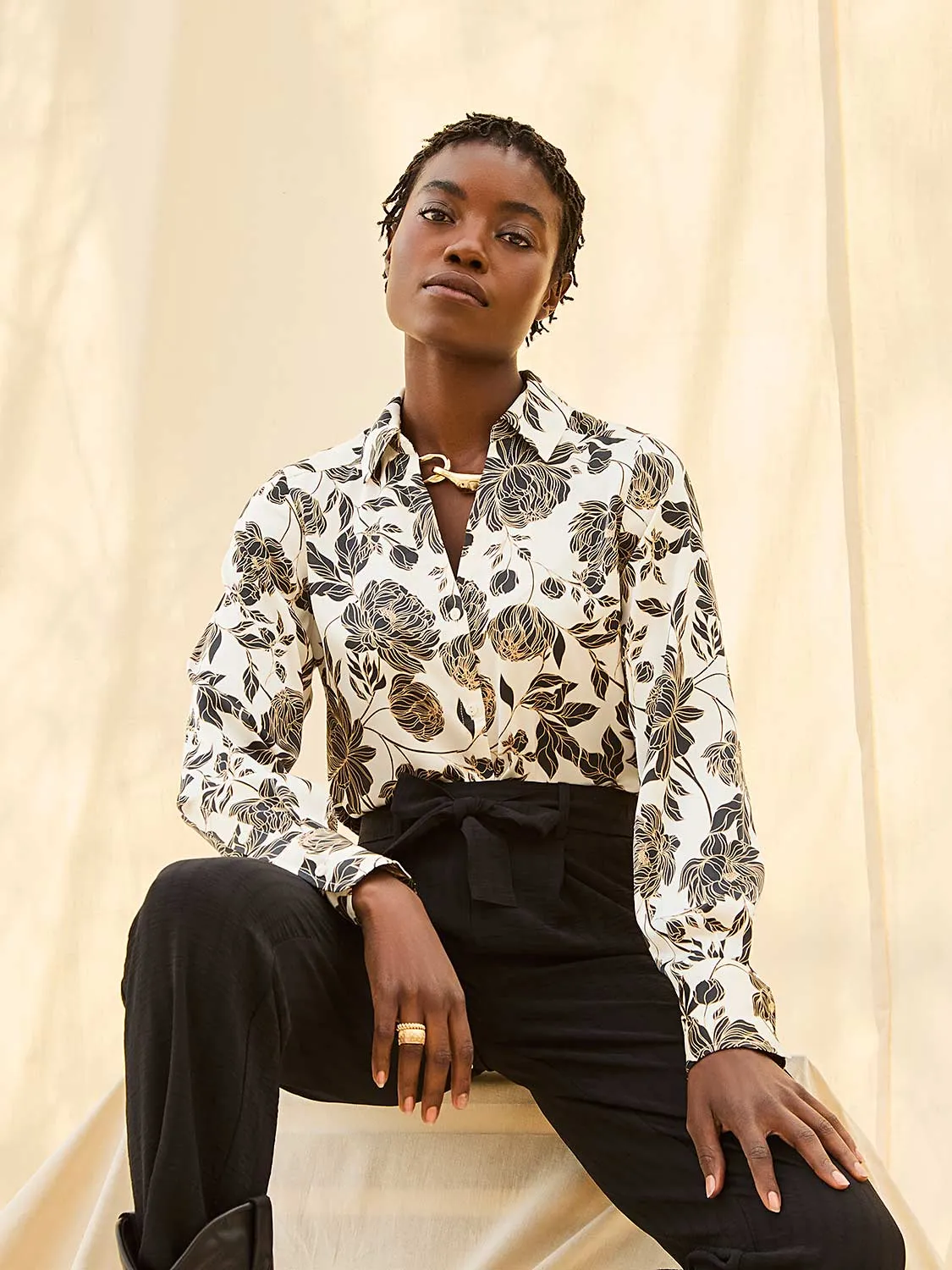 Floral Print Satin Button-Front Blouse sold by Suzy Shier