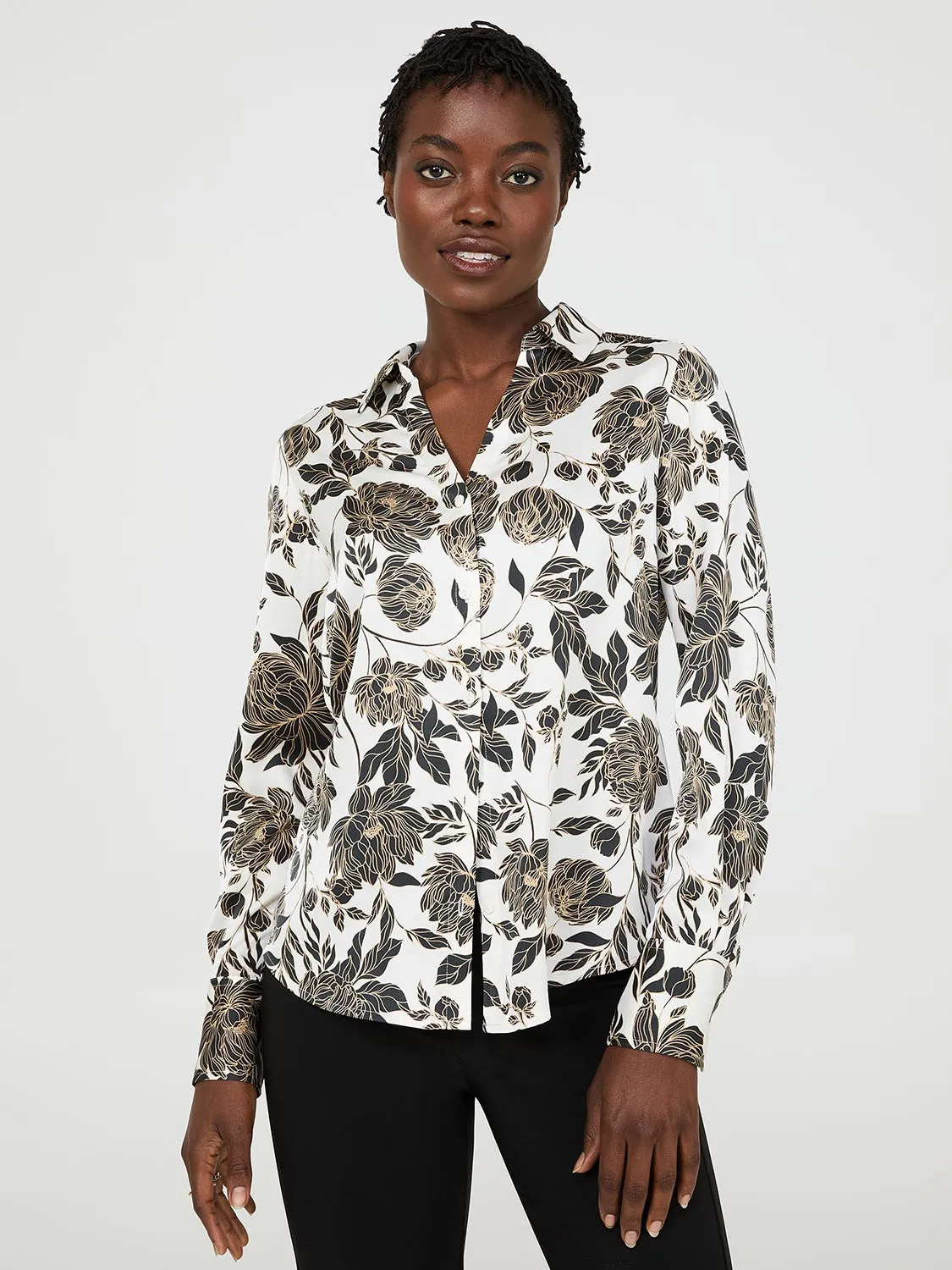 Floral Print Satin Button-Front Blouse sold by Suzy Shier product image thumbnail 2