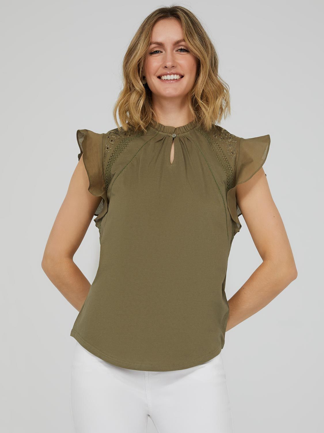 Ruffle Embroidered Top With Keyhole Front sold by Suzy Shier product image thumbnail 5