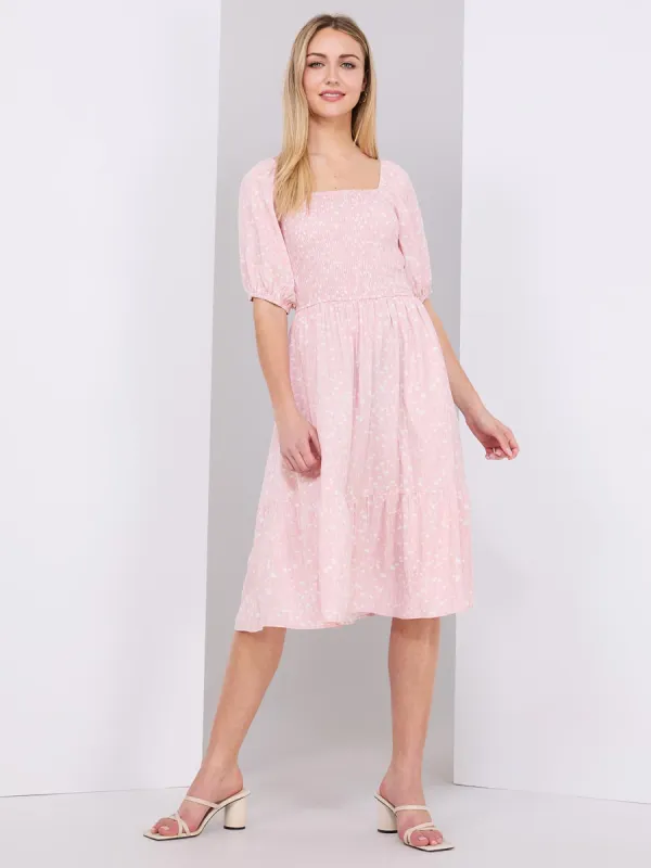 Floral Print Smocked Square Neck Midi Dress sold by Suzy Shier