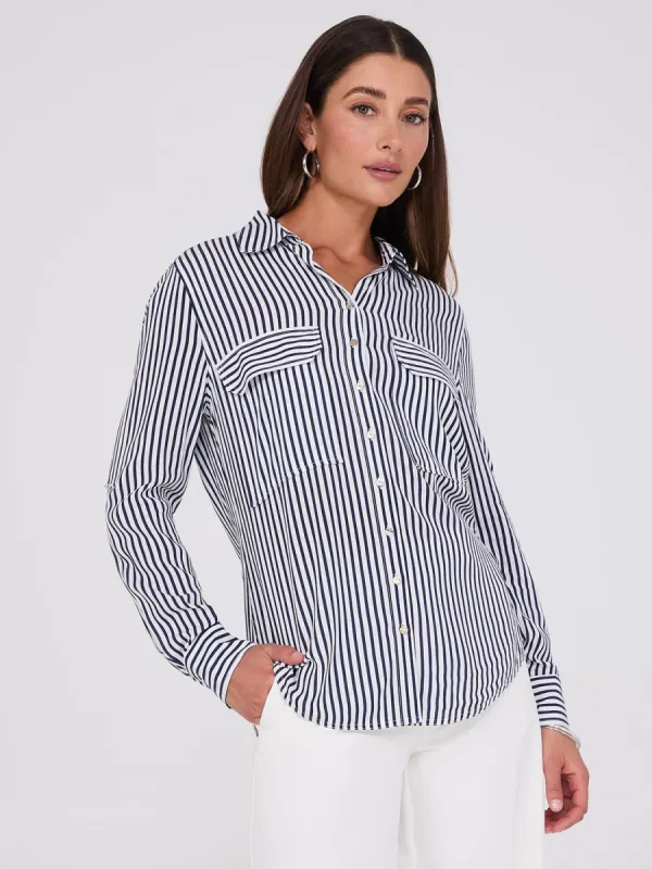 Striped Button-Up V-Neck Blouse sold by Suzy Shier