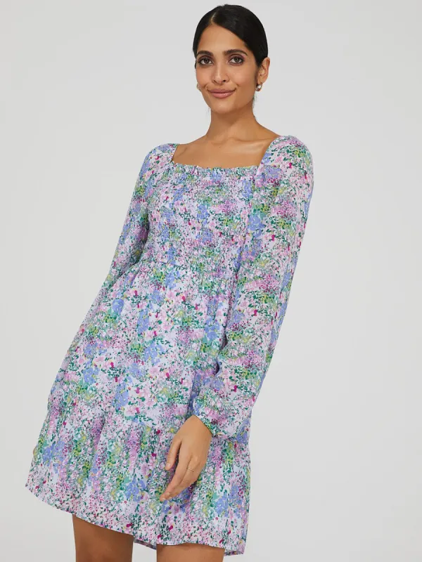 Printed Square Neck Smocked Dress sold by Suzy Shier