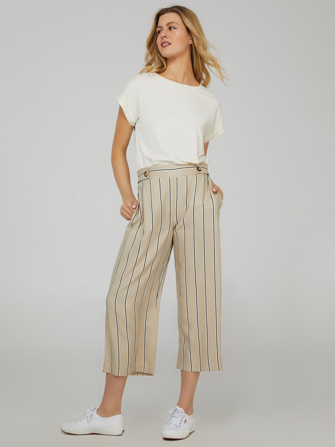 Striped High-Rise Wide Leg Gaucho Pants sold by Suzy Shier