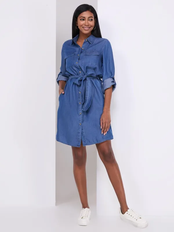 Denim Button-Front Dress With Pockets sold by Suzy Shier
