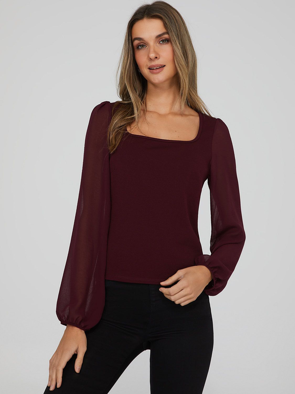 Chiffon Sleeve Square Neck Top sold by Suzy Shier