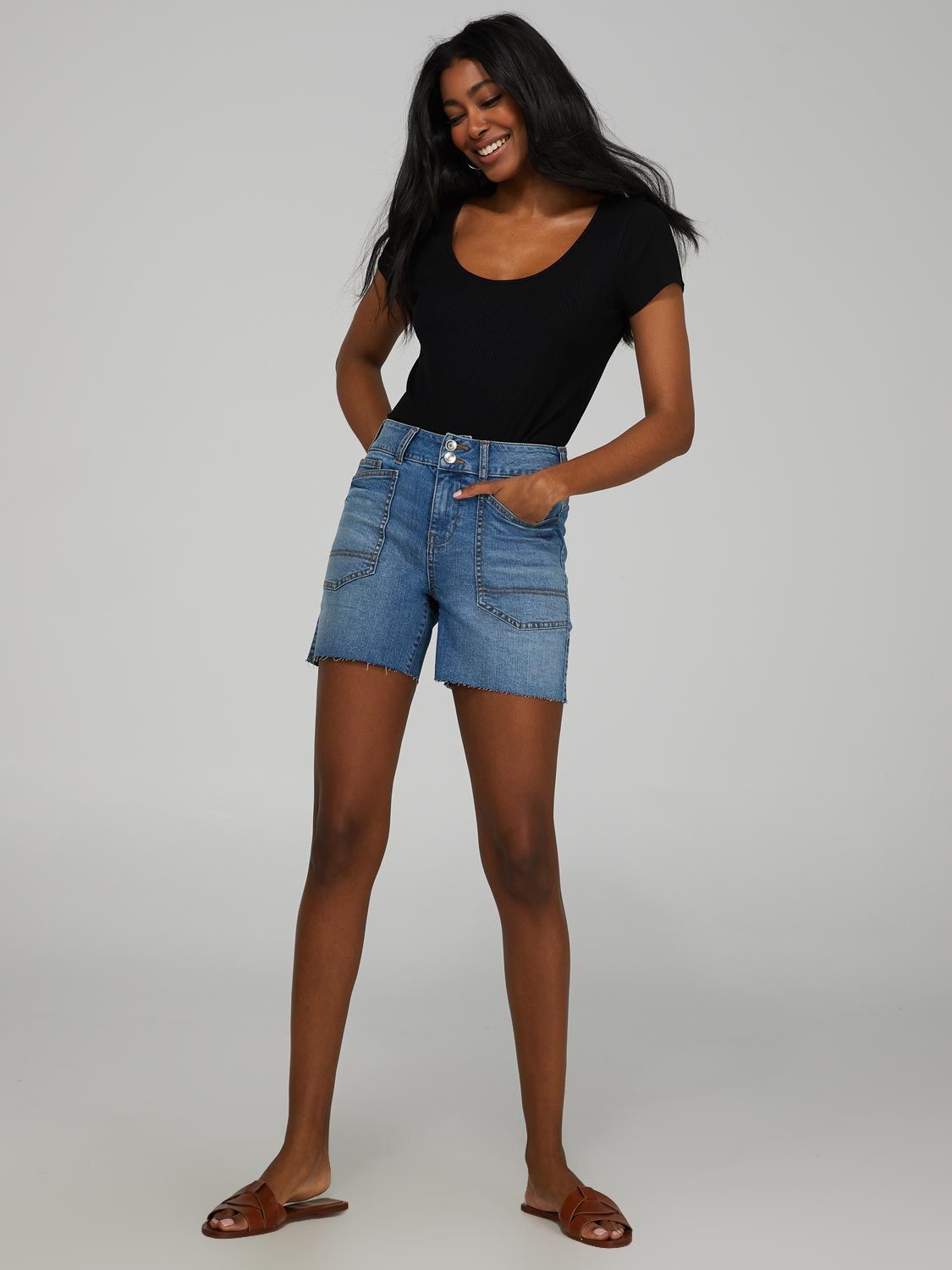 Classic Rise Denim Shorts With Raw Edge sold by Suzy Shier