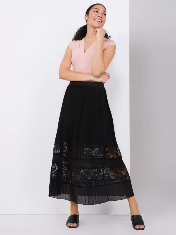 Pleated Chiffon Skirt With Lace Insert sold by Suzy Shier