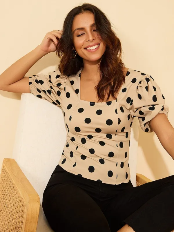 Polka Dot Puff Sleeve Square Neck Top sold by Suzy Shier