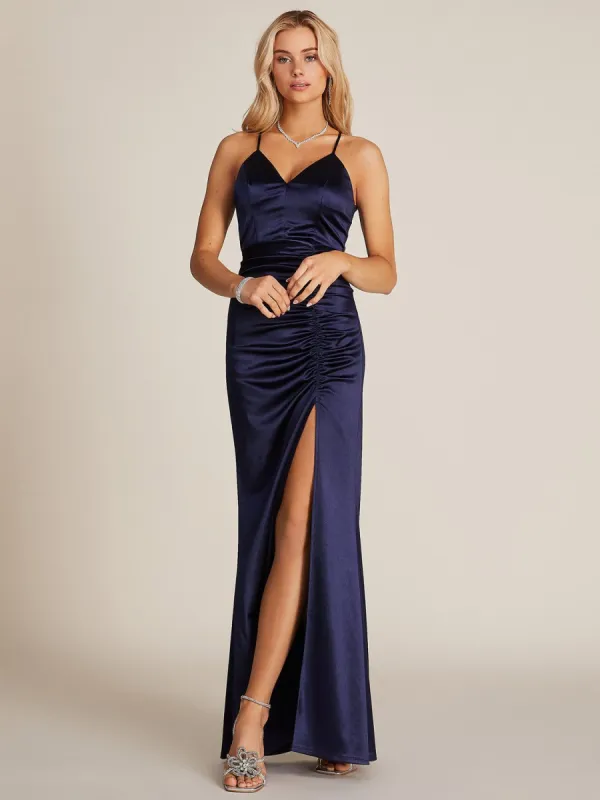 V-Neck Lace-Back Satin Gown sold by Suzy Shier