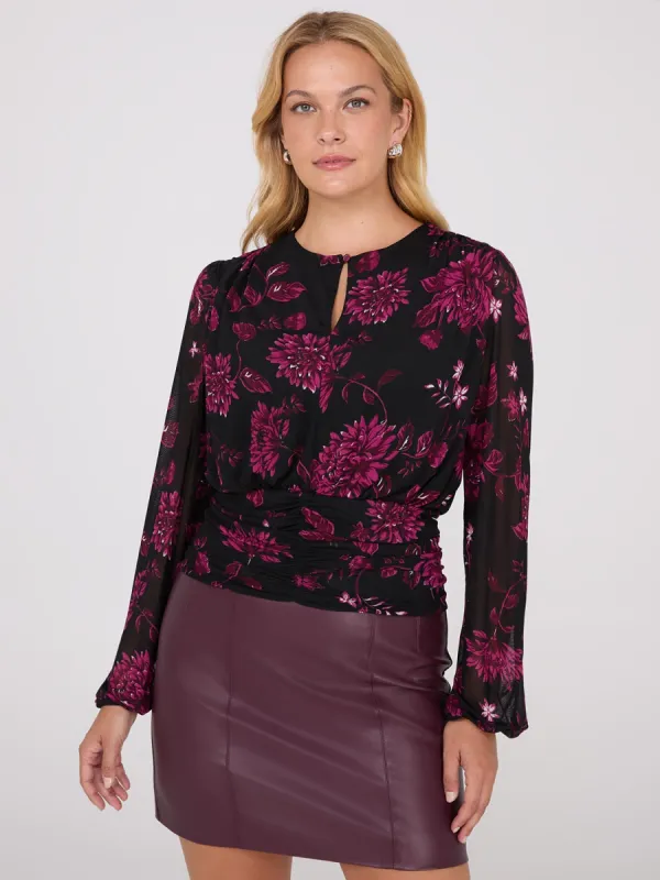 Floral Print Mesh Top With Ruched Waistband sold by Suzy Shier