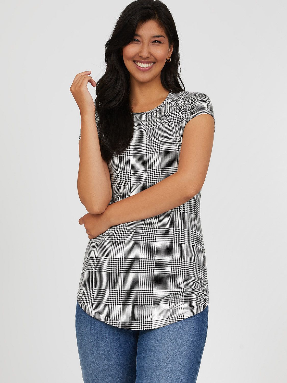 Short Raglan Sleeve Checkered Jersey Knit Tee sold by Suzy Shier product image thumbnail 3