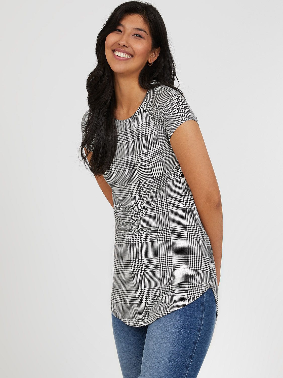 Short Raglan Sleeve Checkered Jersey Knit Tee sold by Suzy Shier