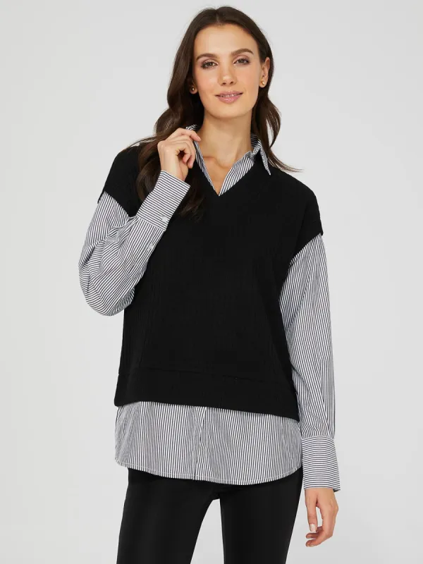 2-Fer Chunky Vest With Striped Blouse sold by Suzy Shier