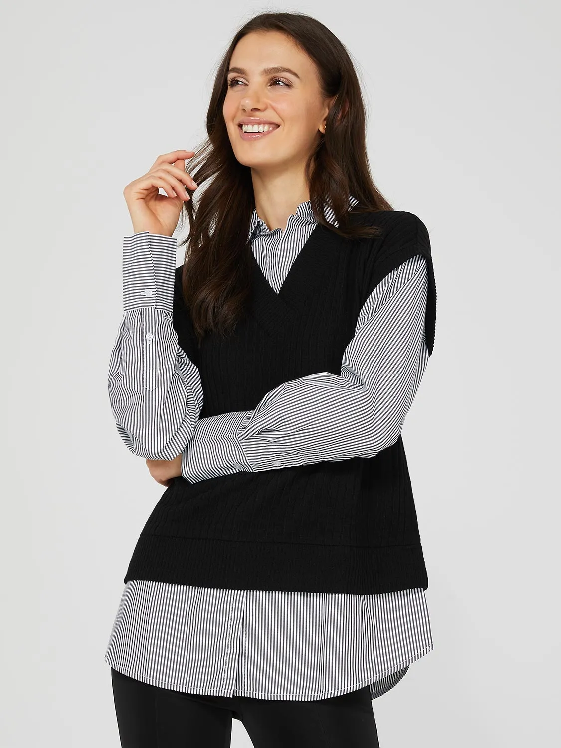 2-Fer Chunky Vest With Striped Blouse sold by Suzy Shier product image thumbnail 3