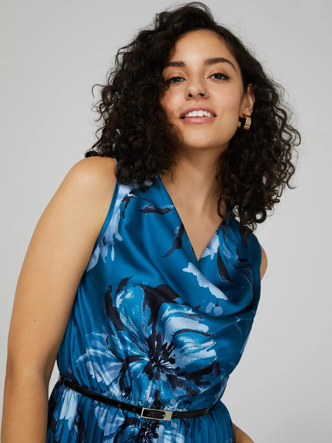 Floral Print Satin Cowl Neck Midi Dress With Belt sold by Suzy Shier product image thumbnail 3
