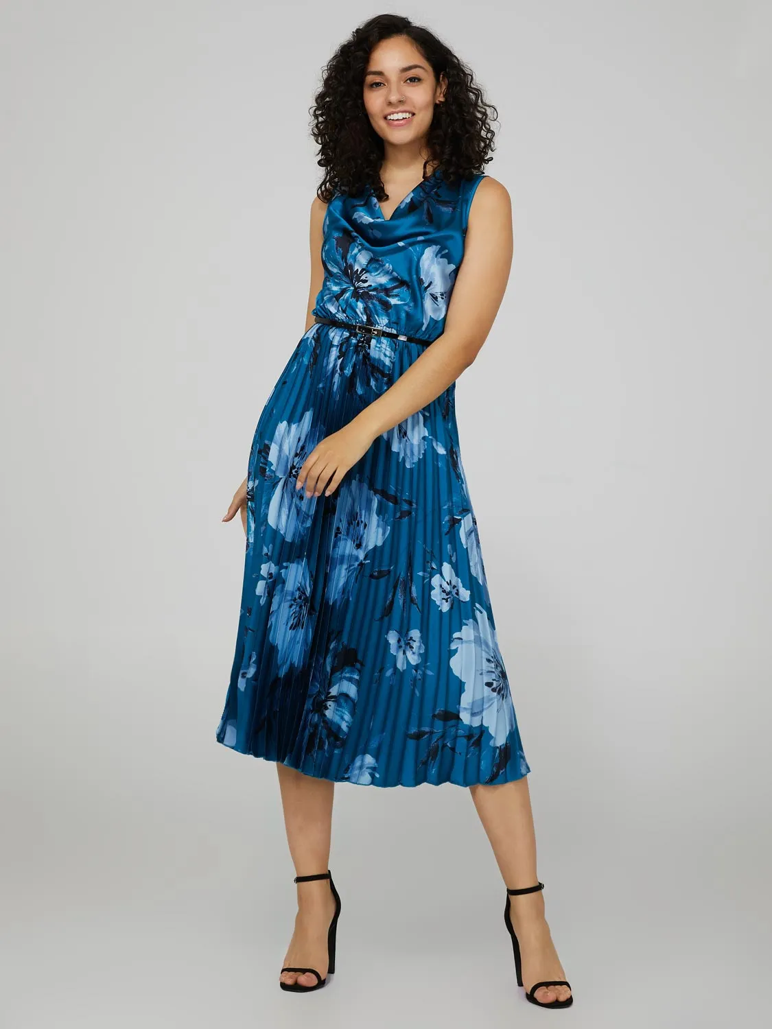Floral Print Satin Cowl Neck Midi Dress With Belt sold by Suzy Shier product image thumbnail 2