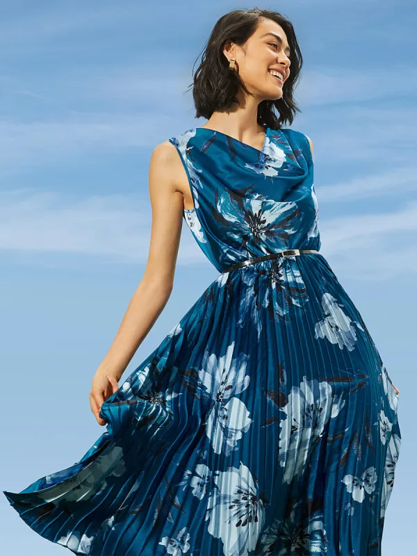 Floral Print Satin Cowl Neck Midi Dress With Belt sold by Suzy Shier