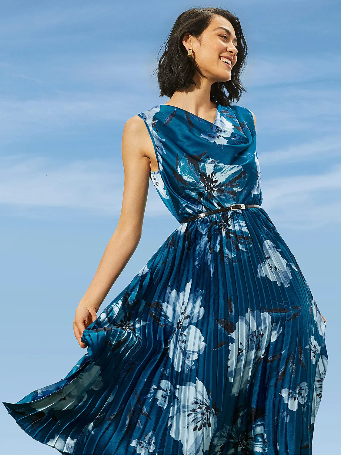 Floral Print Satin Cowl Neck Midi Dress With Belt sold by Suzy Shier