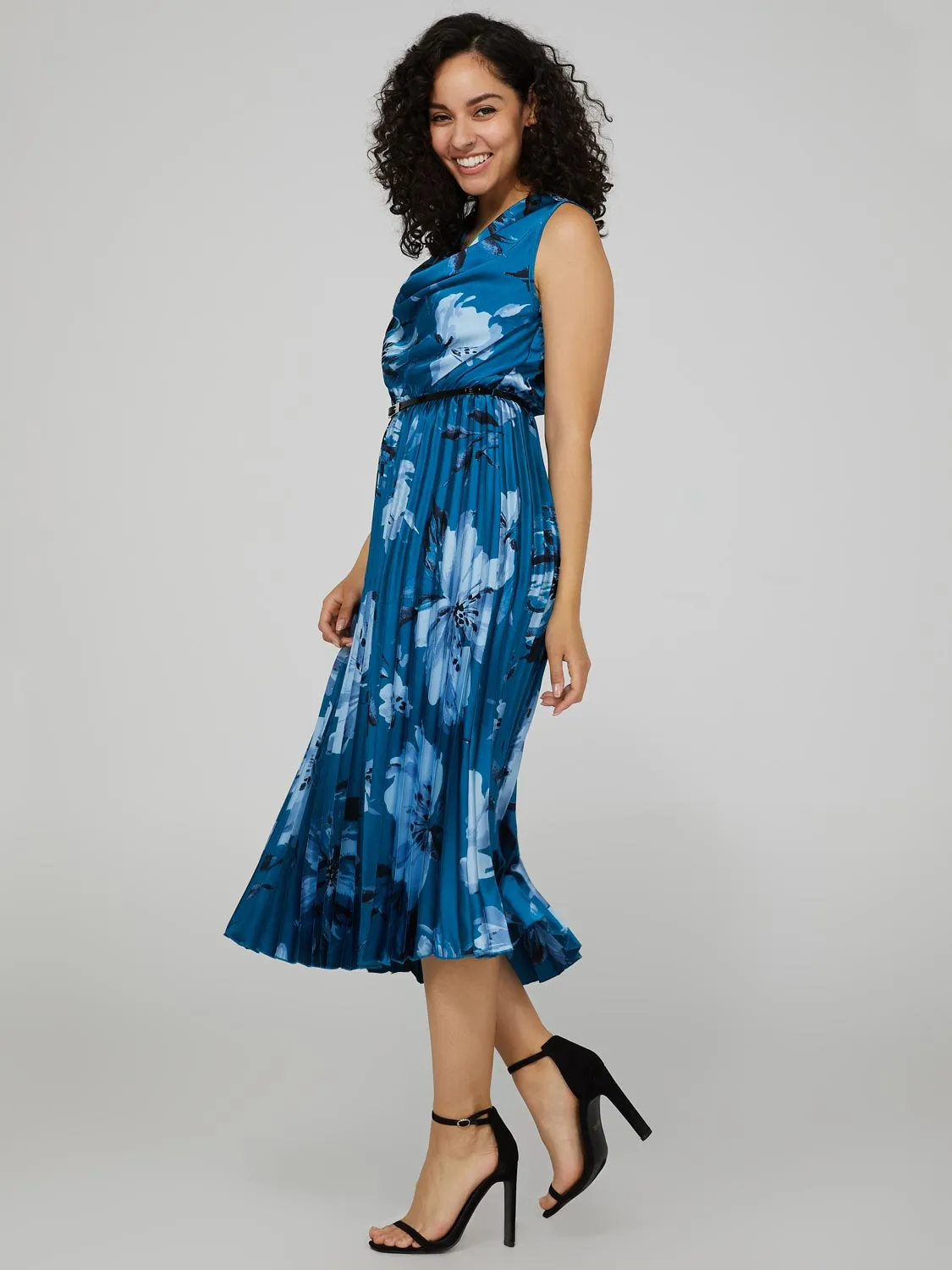 Floral Print Satin Cowl Neck Midi Dress With Belt sold by Suzy Shier product image thumbnail 4