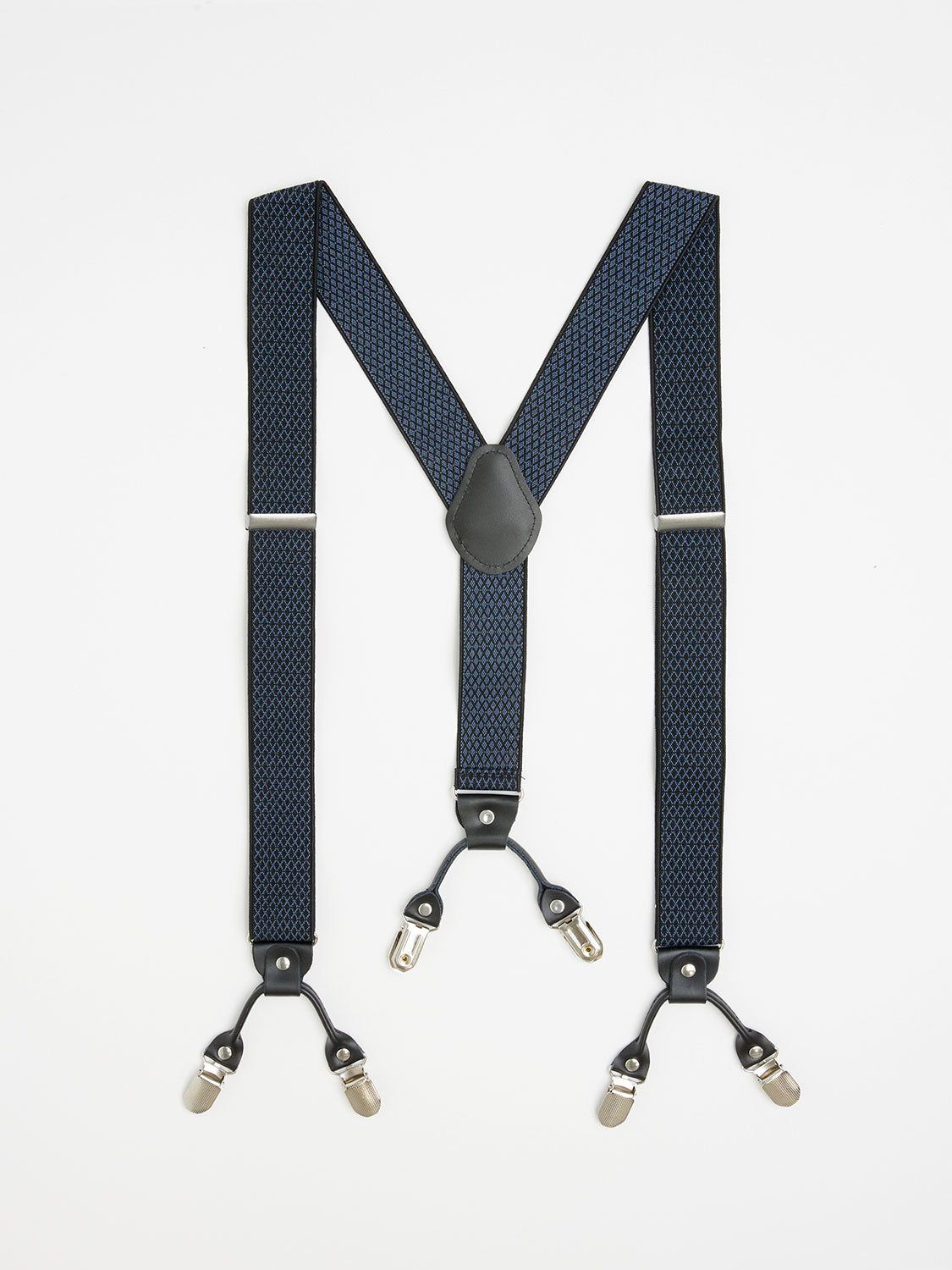 Navy Adjustable Y-Back Clip-On Suspenders With Leather Detail sold by Suzy Shier