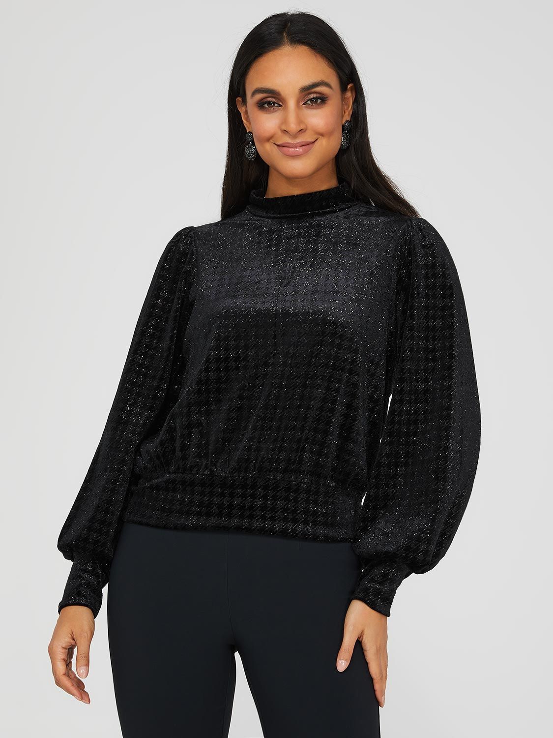 Velvet Glitter Houndstooth Mock Neck Top sold by Suzy Shier