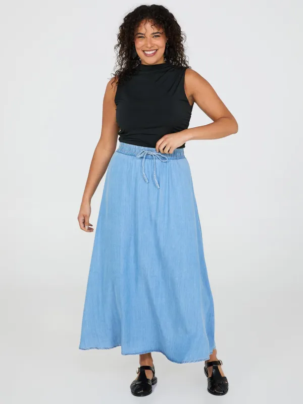 Denim Drawstring A-Line Midi Skirt sold by Suzy Shier