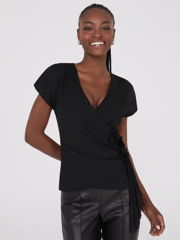 Rosette Detail Crossover Mesh Top sold by Suzy Shier