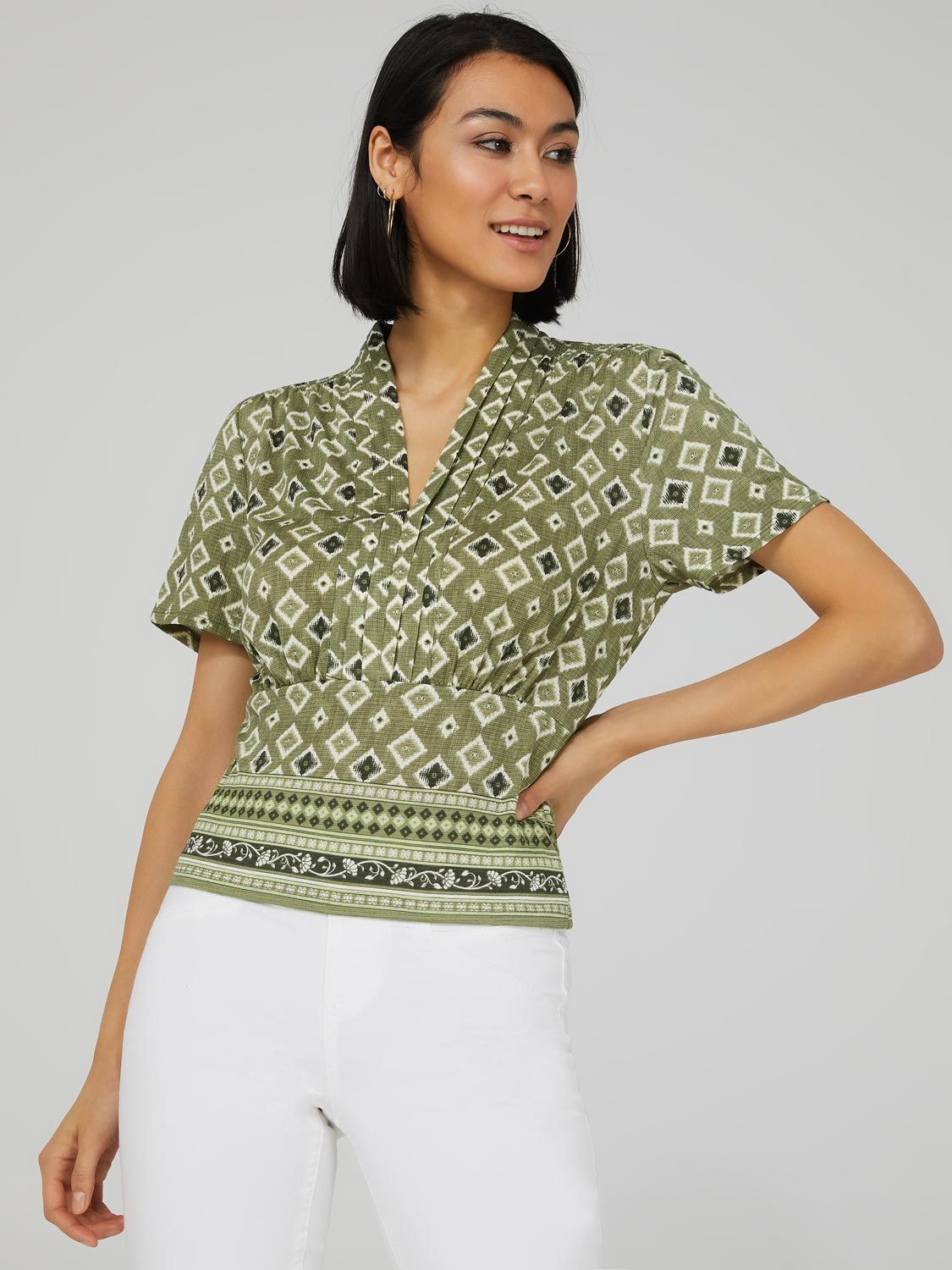 Short Sleeve Drawstring Top With Border Print sold by Suzy Shier