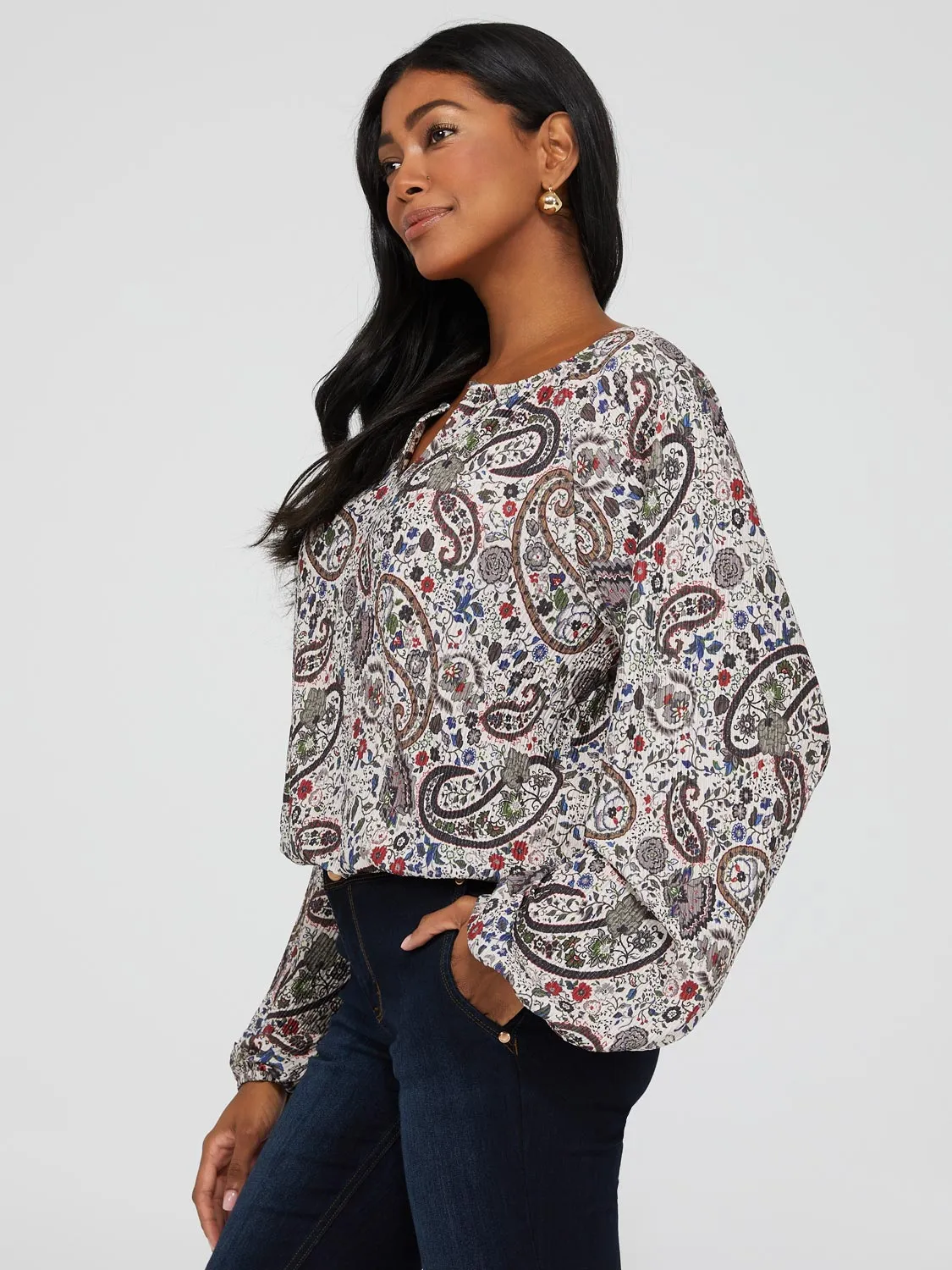 Paisley Print Notch Collar Top With Bubble Hem sold by Suzy Shier product image thumbnail 4