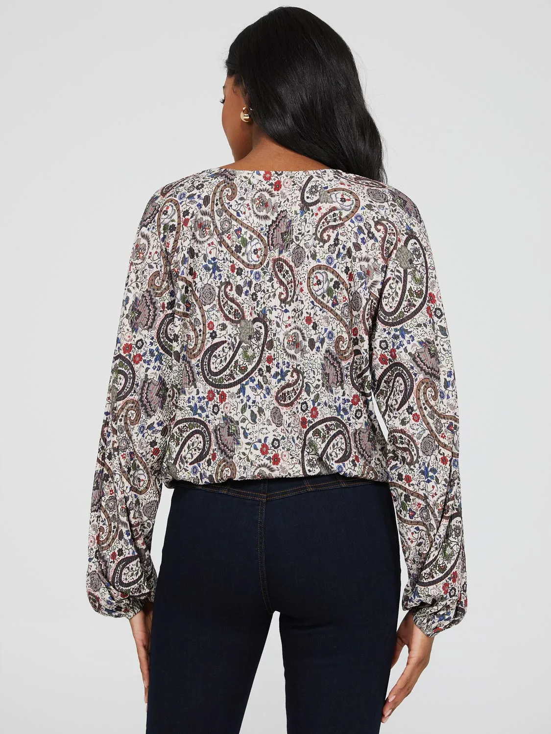 Paisley Print Notch Collar Top With Bubble Hem sold by Suzy Shier product image thumbnail 5