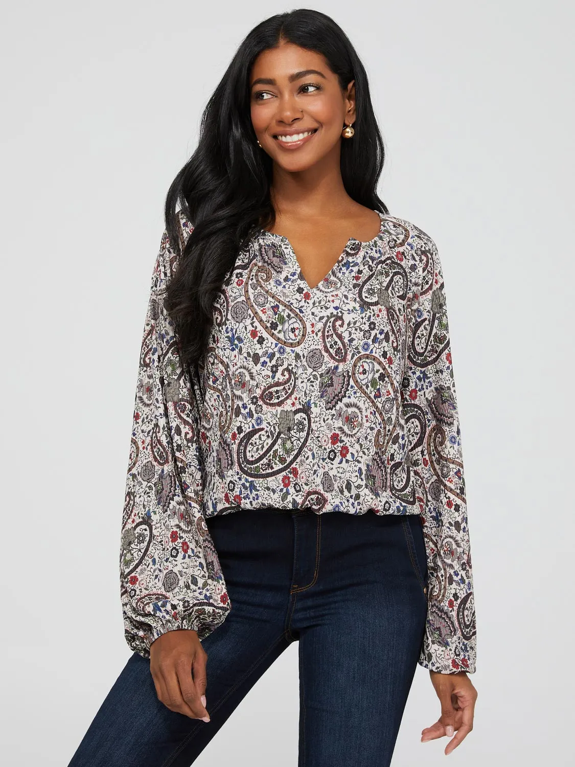 Paisley Print Notch Collar Top With Bubble Hem sold by Suzy Shier