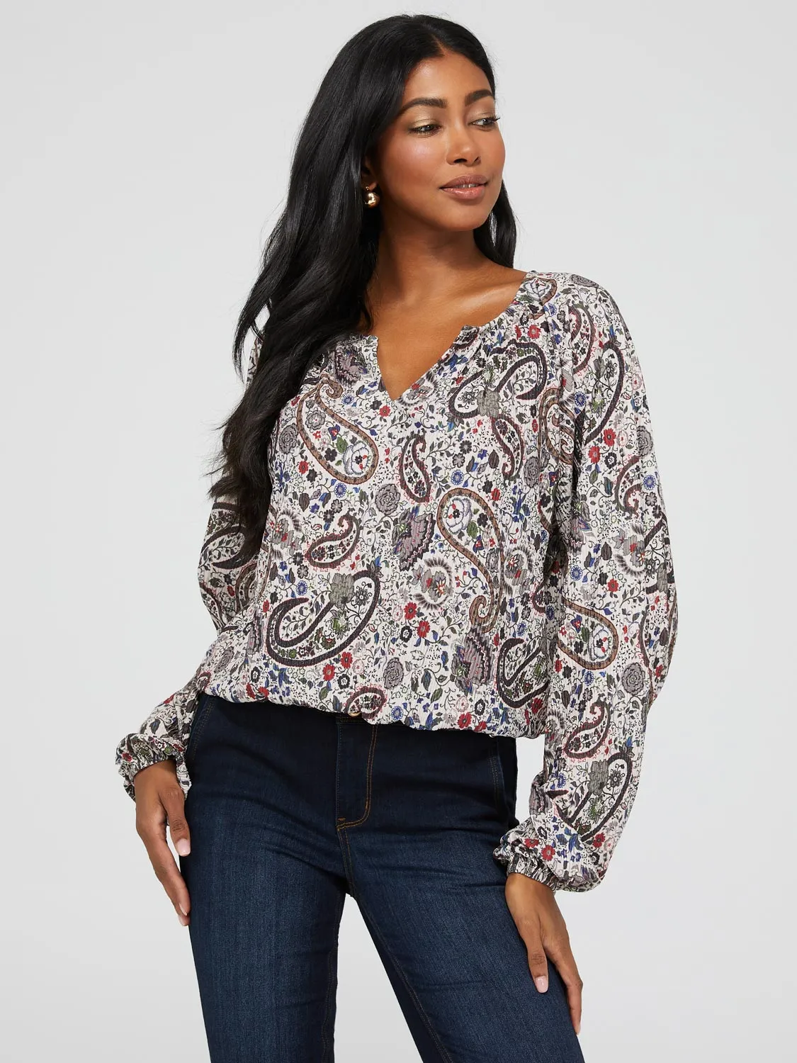 Paisley Print Notch Collar Top With Bubble Hem sold by Suzy Shier product image thumbnail 3