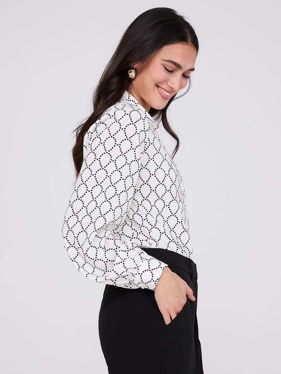 Silky Geo Print Button-Front Blouse sold by Suzy Shier product image thumbnail 4