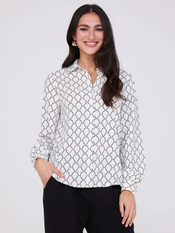 Silky Geo Print Button-Front Blouse sold by Suzy Shier