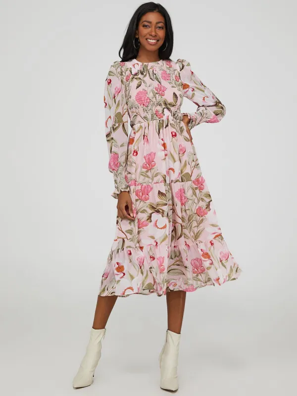 Smocked Chiffon Midi Dress sold by Suzy Shier