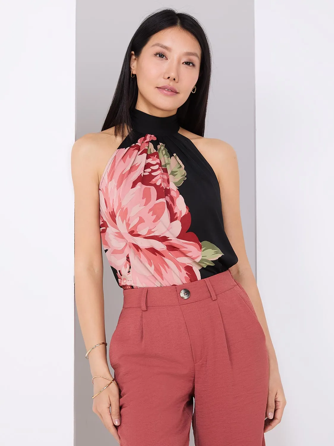 Floral Placement Mock Neck Halter Top sold by Suzy Shier