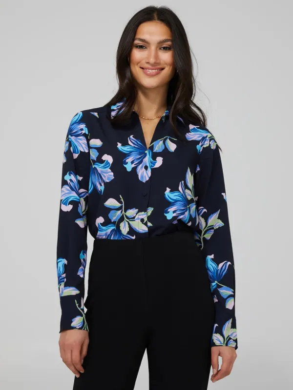 Floral Print Chiffon Split Neck Button-Front Blouse sold by Suzy Shier