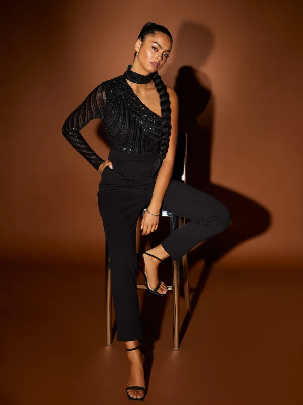Mock Neck One-Shoulder Sequin Jumpsuit sold by Suzy Shier