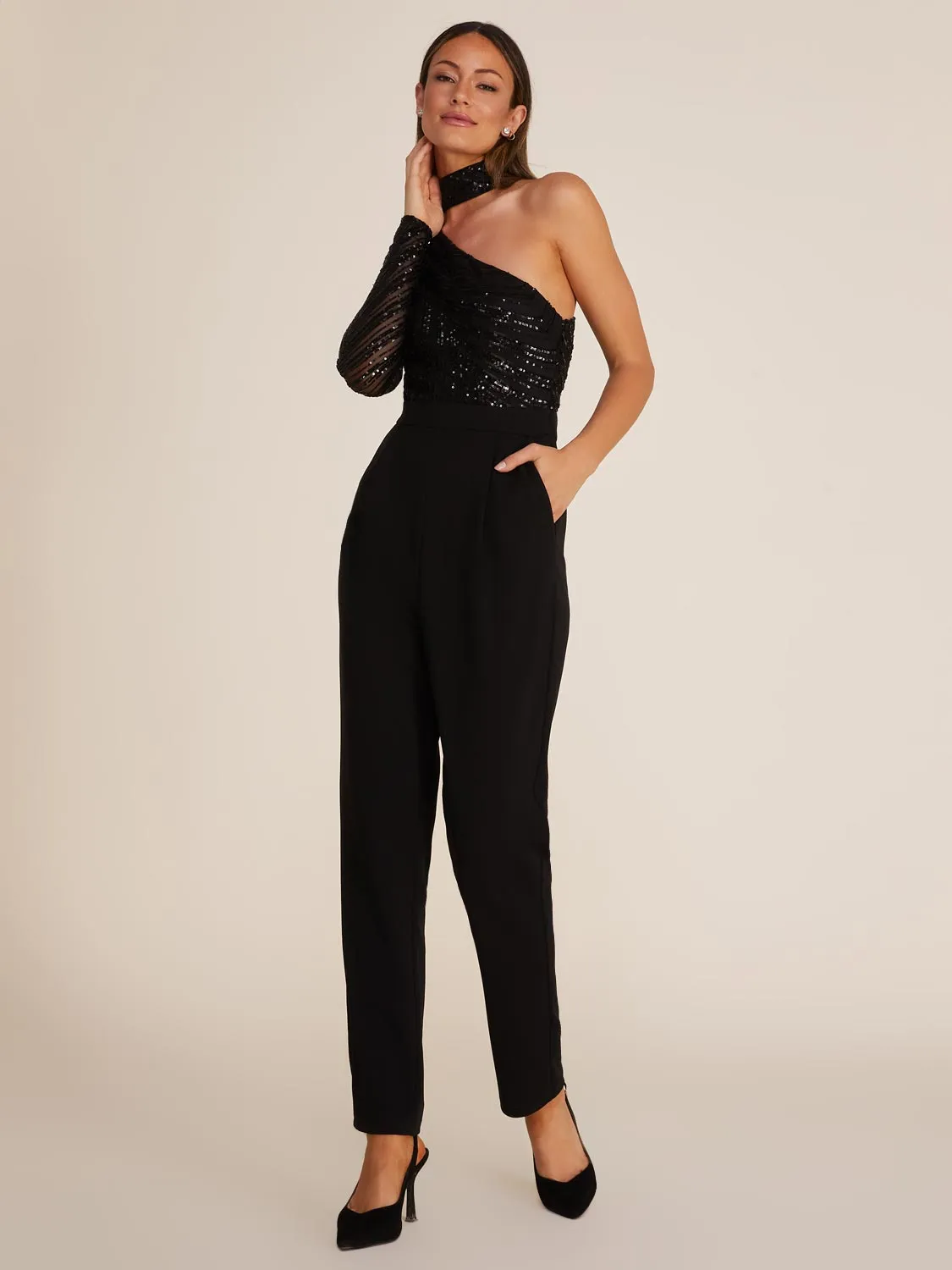 Mock Neck One-Shoulder Sequin Jumpsuit sold by Suzy Shier product image thumbnail 2