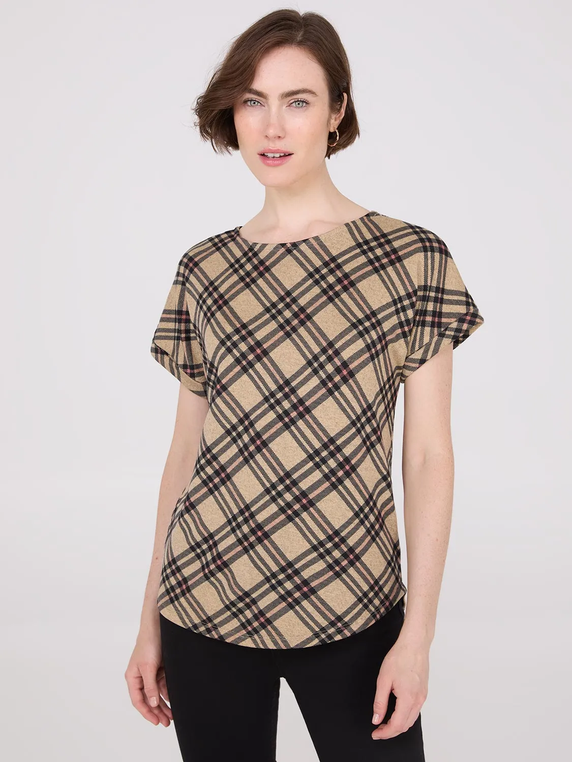 Plaid Cuffed Dolman Sleeve T-Shirt sold by Suzy Shier