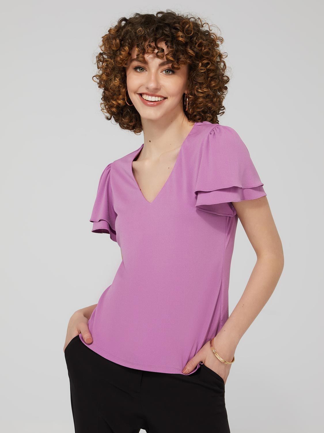 Double Flutter Sleeve V-Neck Top sold by Suzy Shier product image thumbnail 3