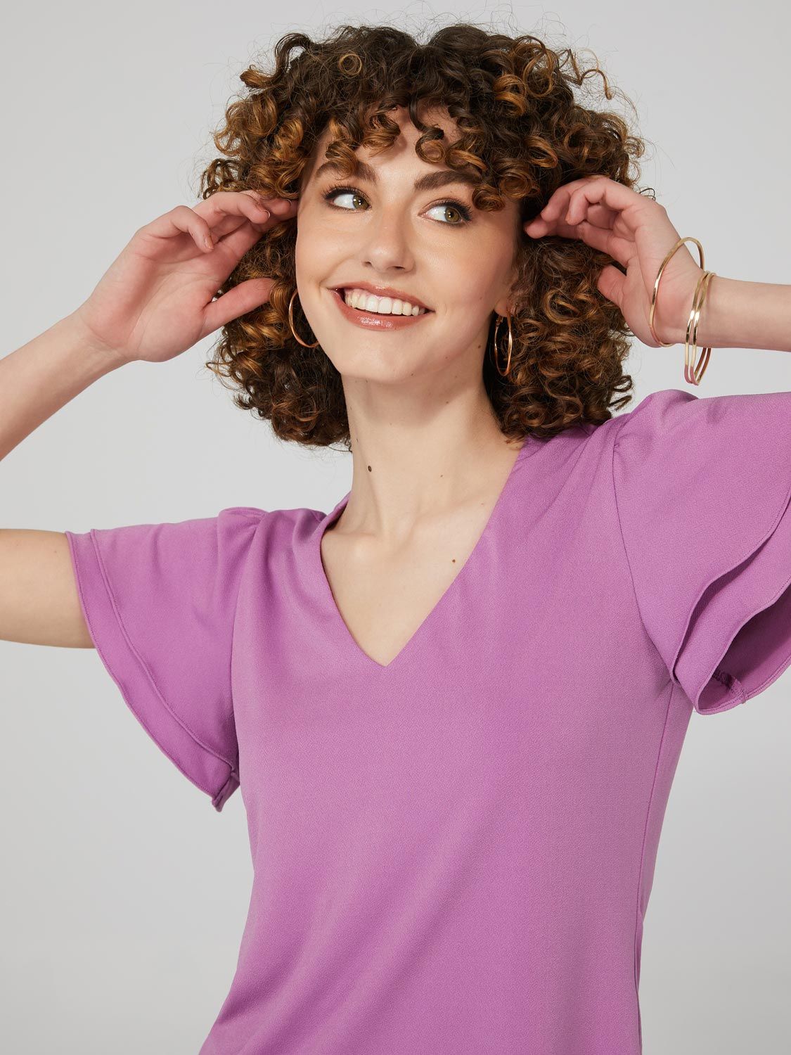 Double Flutter Sleeve V-Neck Top sold by Suzy Shier